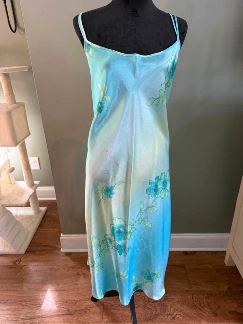 Aqua Floral Satin Slip Dress